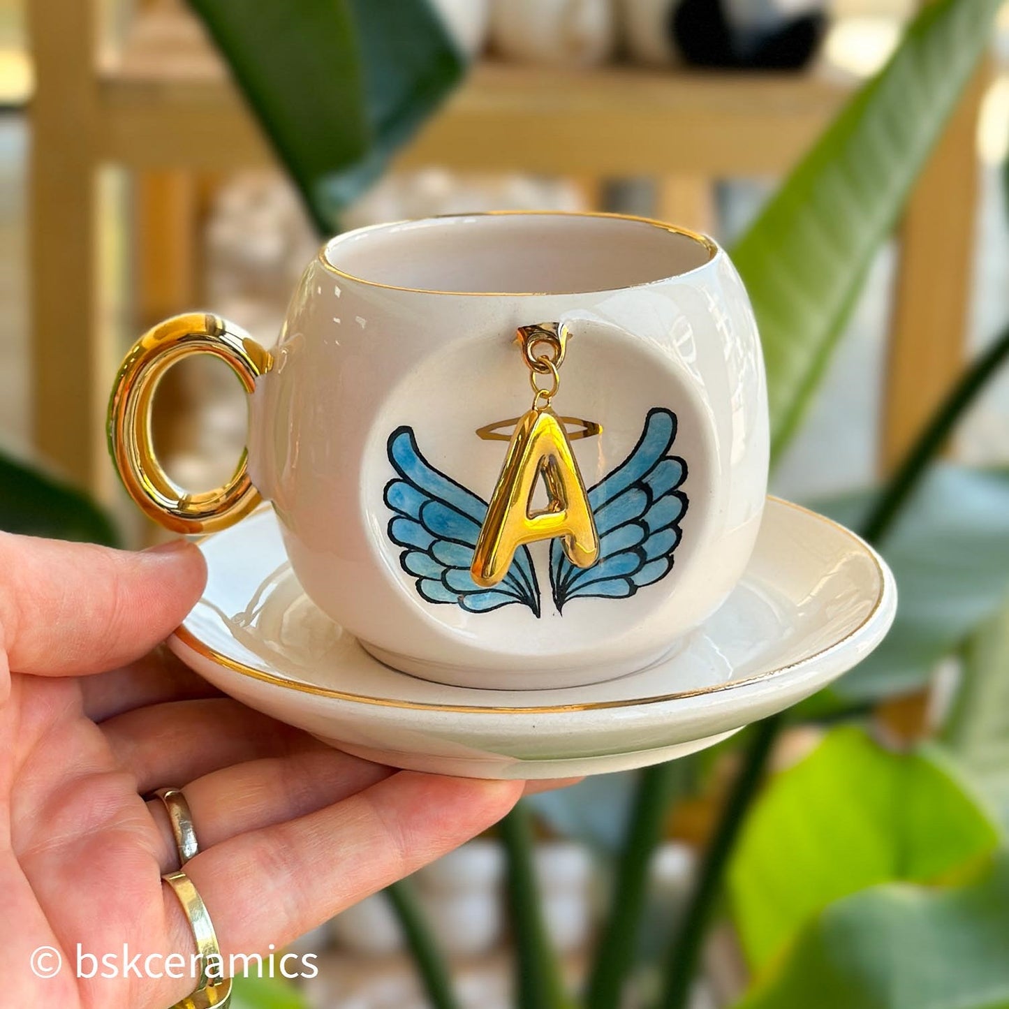 Mavi Melek Kanatlı Kahve Fincanı Harfli A