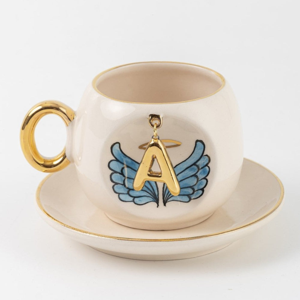 Mavi Melek Kanatlı Kahve Fincanı A Harfli
