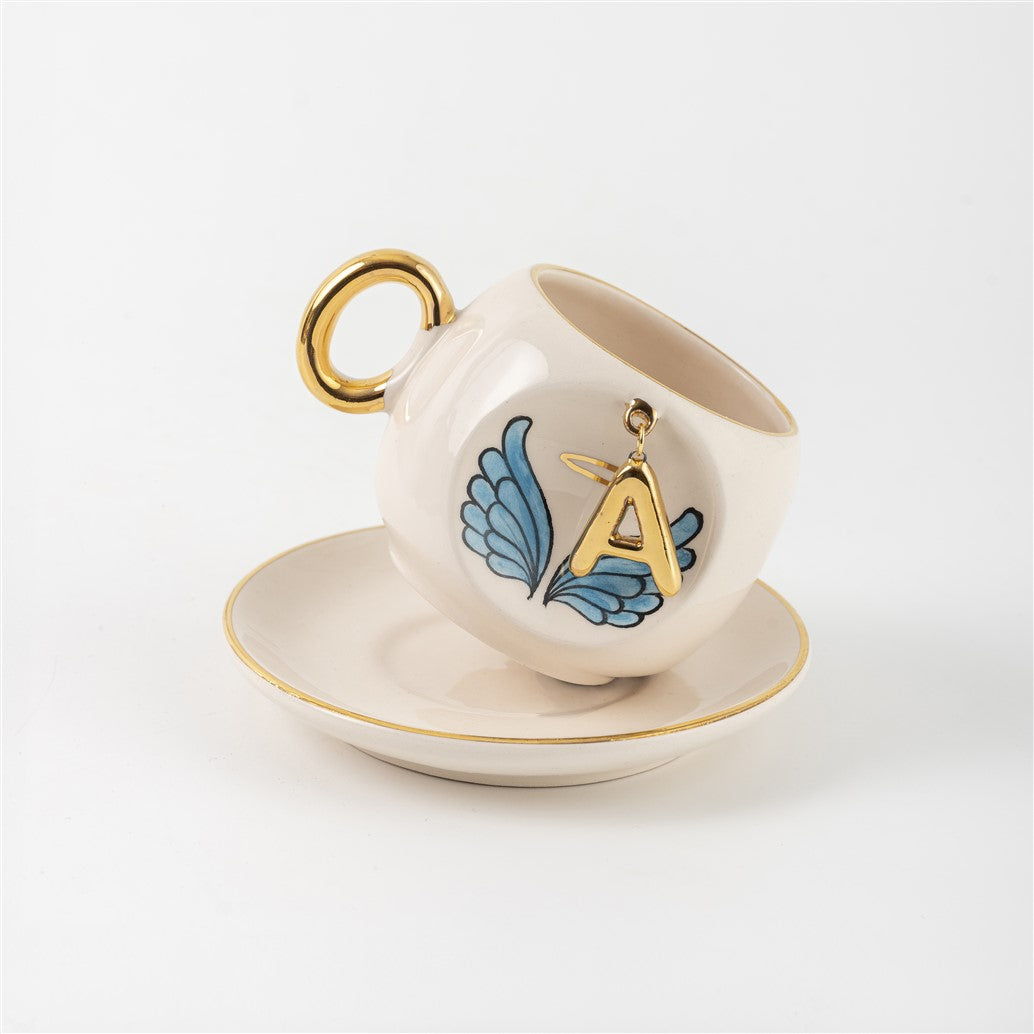 Mavi Melek Kanatlı Kahve Fincanı Harfli