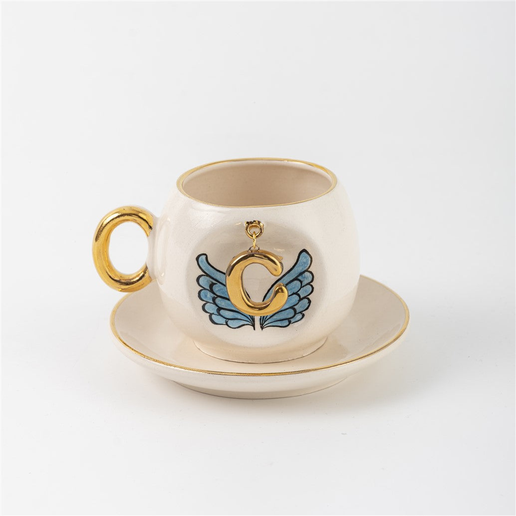 Mavi Melek Kanatlı Kahve Fincanı C Harfli