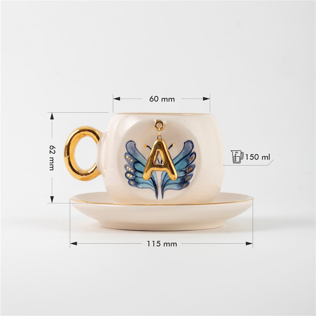 Mavi Melek Kanatlı Kahve Fincanı Harfli ebatları