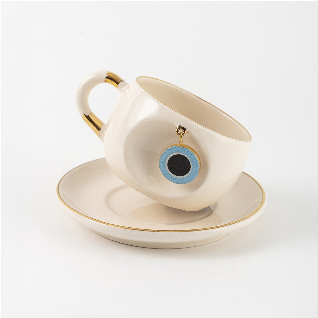 Nazar Boncuklu Çay Fincanı Altın detaylı