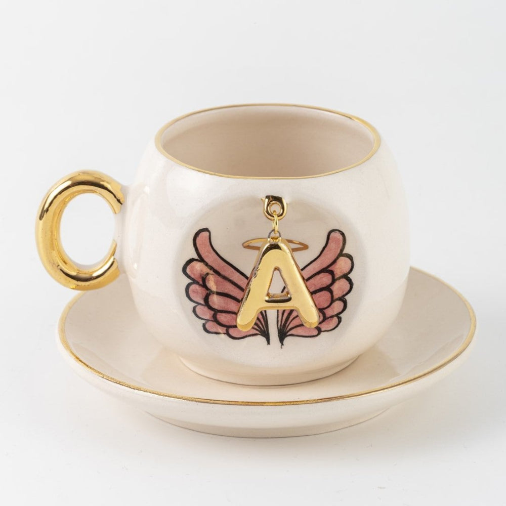 Pembe Melek Kanatlı Kahve Fincanı Harfli