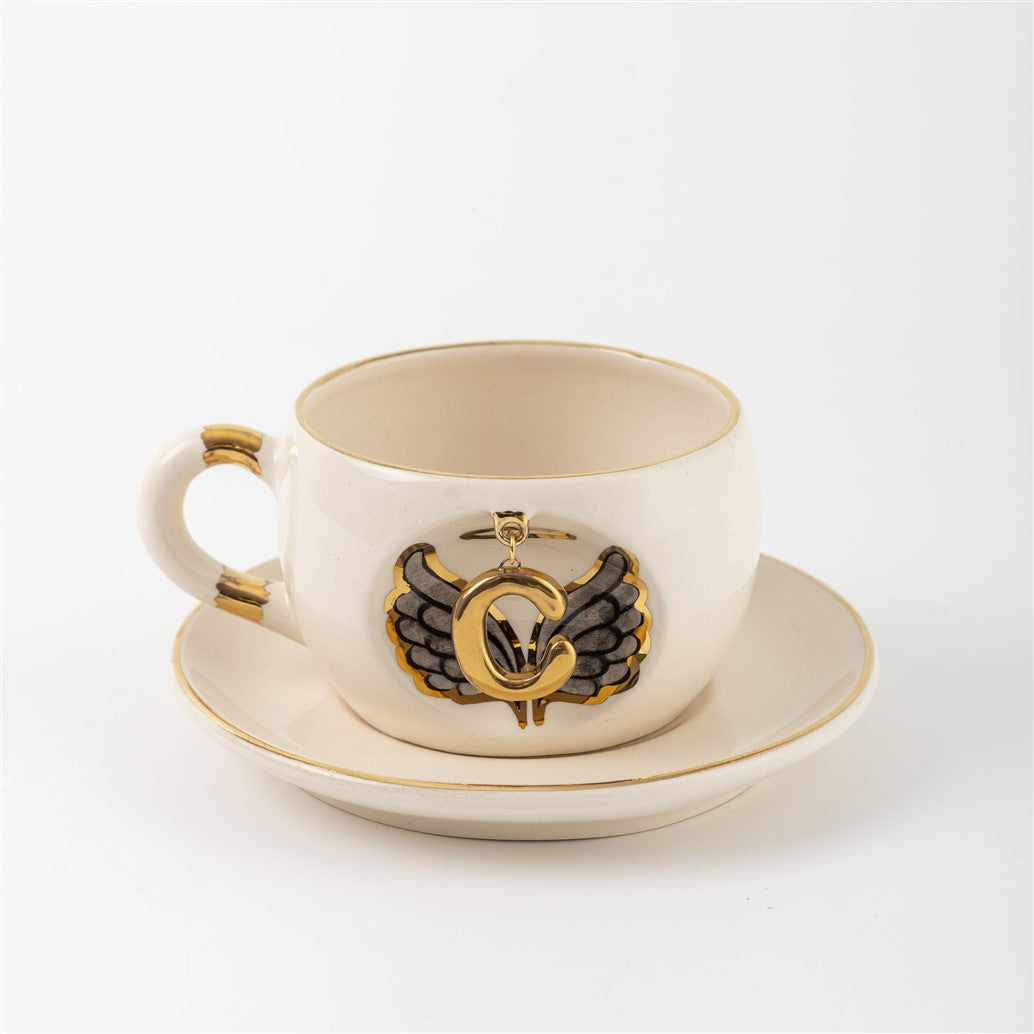 Siyah Melek Kanatlı Çay Fincanı C Harfli