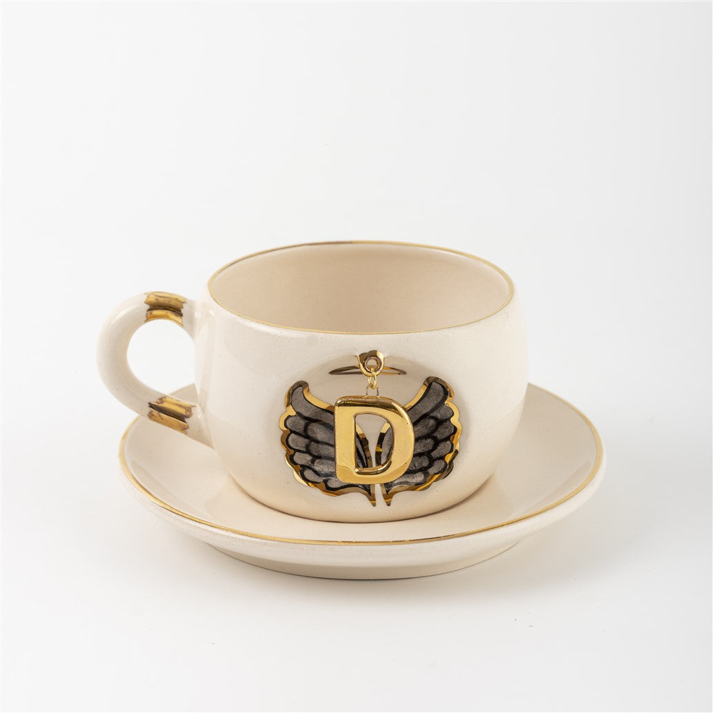 Siyah Melek Kanatlı Çay Fincanı D harfli