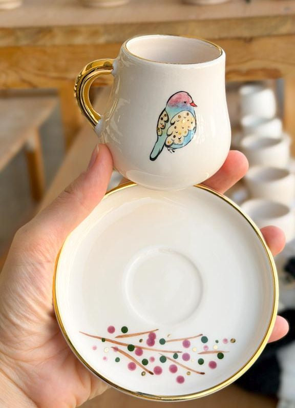 Altın Kuş Desenli Seramik Kahve Fincanı Pembe Başlı