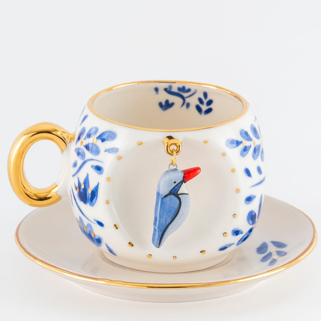 kuşlu kahve fincanı fağfuri kuşu desenli